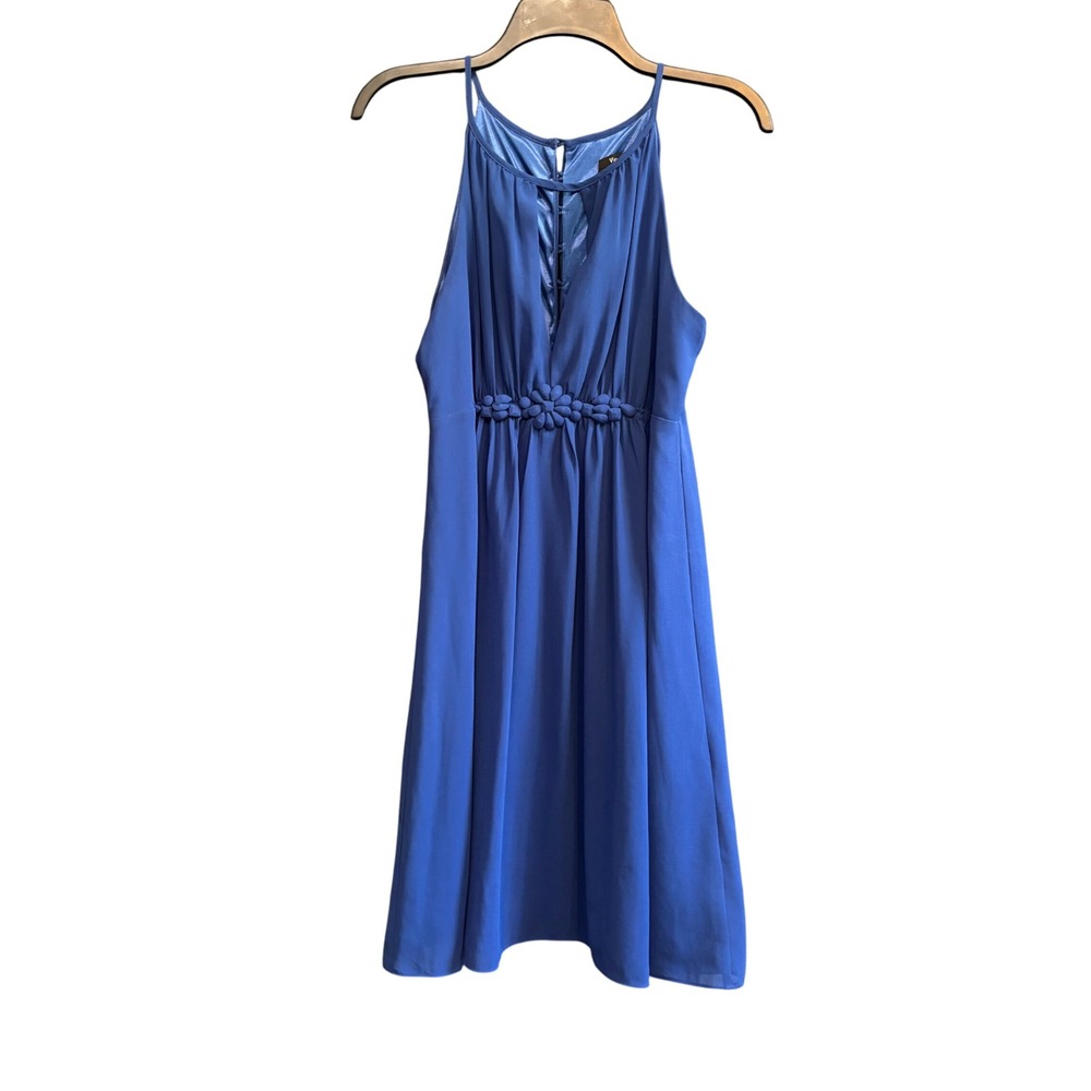 Verty Blue Halter Dress, Size L, Sleeveless Party Dress, Floral Waist Detail